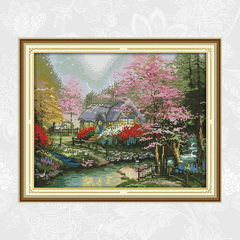 

The Stream Side Cottage Cross Stitch kits 14ct Printed Canvas 11ct White Fabric Stitching Embroidery DIY Needlework Crafts