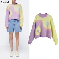 za 2021 women fashion floral jacquard loose knitted sweater loose long sleeve vintage o neck top girl purple knitted pullovers