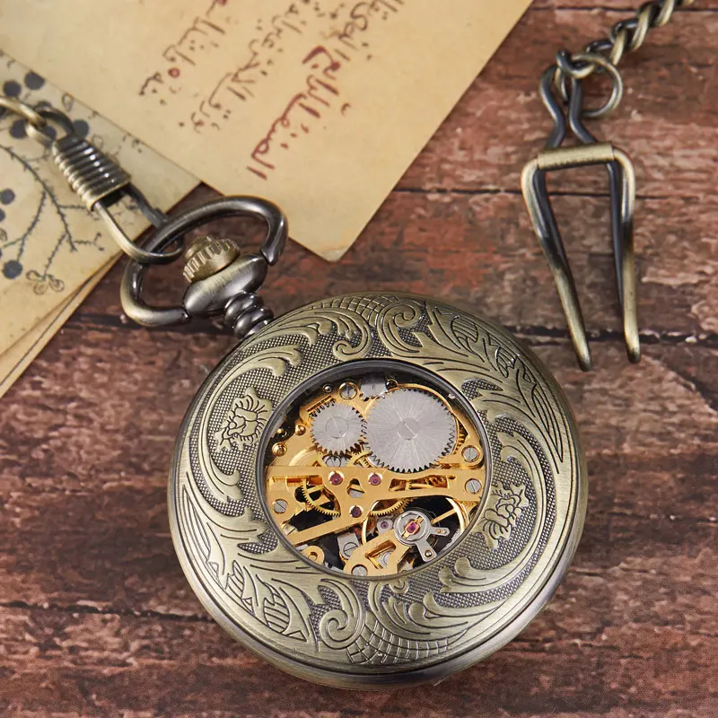 New Arrival Steampunk Retro Hollow Gear Movement Mechanical Pocket Watch FOB Pendant Gift Chain Pocket Watch Gift Men Boy Clock