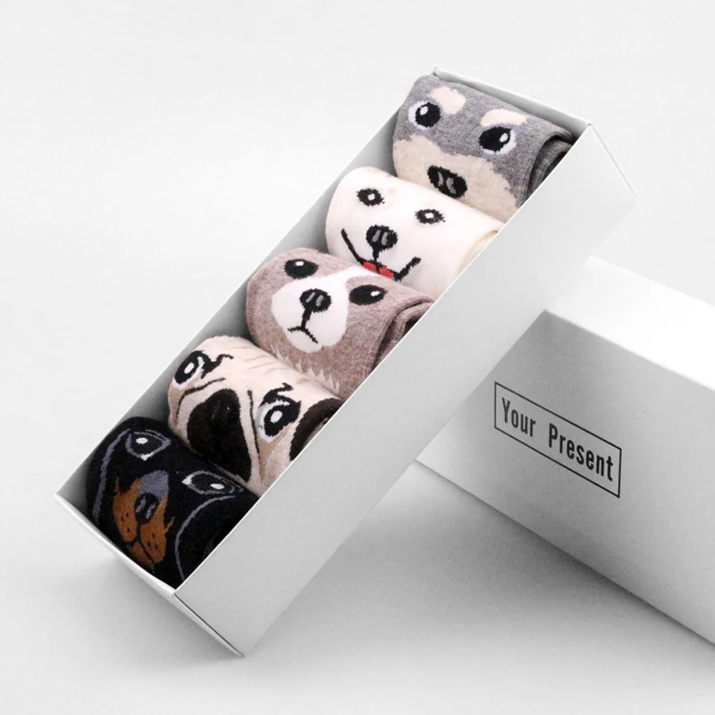 Calcetines cortos de algodón con dibujos animados para mujer, medias divertidas con caja, de animales, Pug, perro, gato, Lolita, 5 par/lote