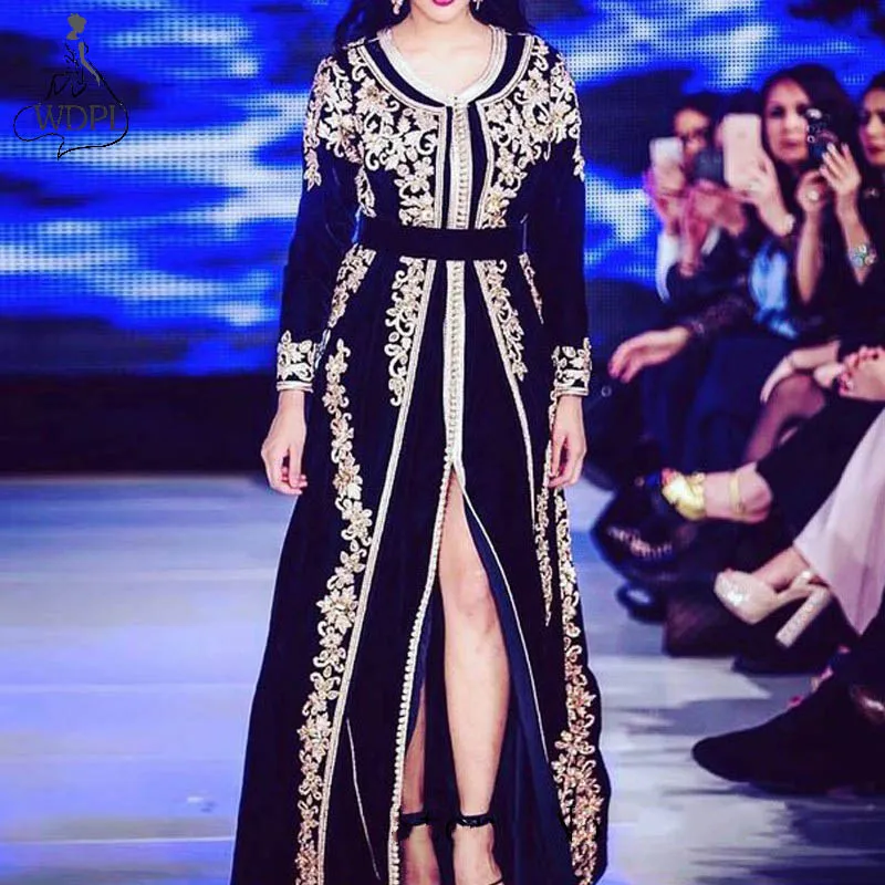 Новый черный бархат марокканский кафтан вечернее платье Длинные Золотые