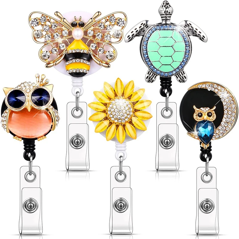 

5 Pieces Badge Reels Retractable Rhinestone Badge Holder ID Name Badge Reels with Alligator Swivel ID Badge Clip