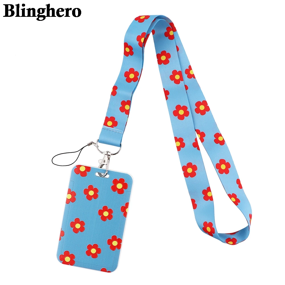 

CB528 Red Flowers Creative Lanyard Card Holder Student Hanging Neck Phone Lanyard Badge Subway Access Card Holder Accessories