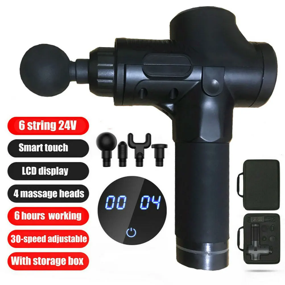 Black EU Plug Массажный пистолет для мышц, облегчающий боль, расслабляющий тело, электронный массажер с 4 головками, ЖК-дисплей, 30 скоростей, Вибрационный массажер для мышц - Цвет: Black EU Plug