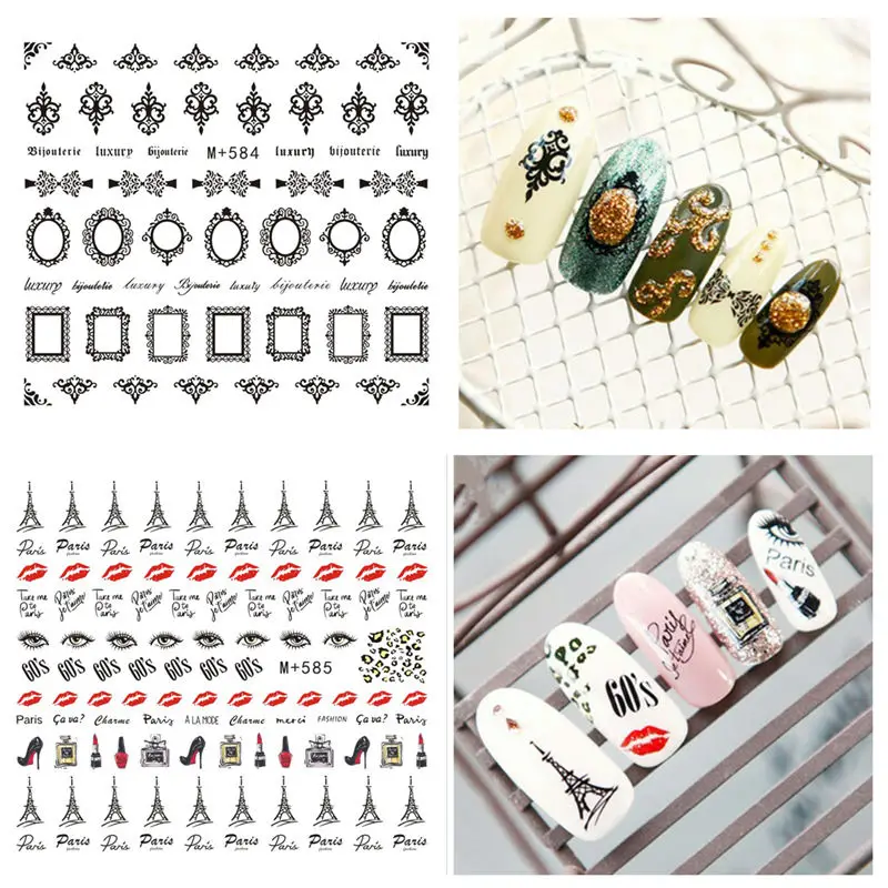 

2 Sheets Eiffel Tower Nail Stickers Red Lips Nail Art Water Decals Letter Decorative Pattern Nail Transfer Stickers