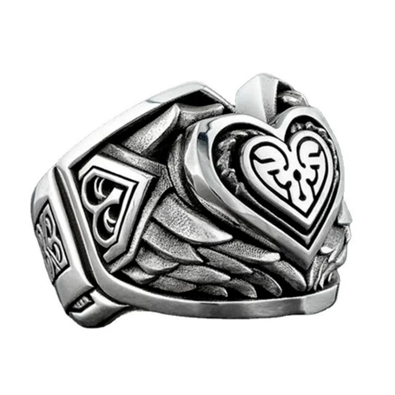 

Retro love European and American punk style heart-shaped feather holding heart ring trend hip hop jewelry