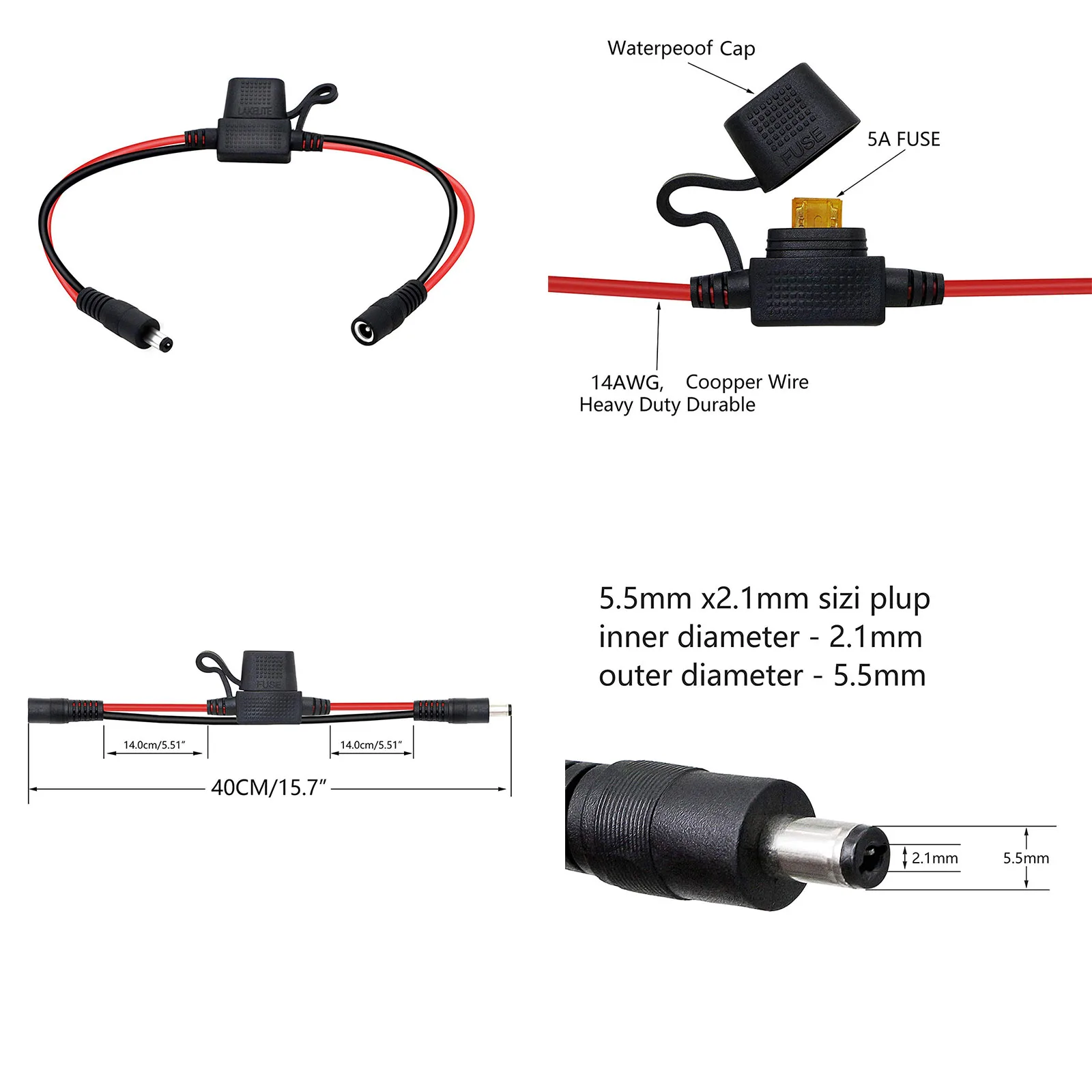 10pcs CCTV DC 5.5mm x 2.1mm Male to Female Power Cable with 5A Fuse LED Strip Surveillance Camera Security Equipment 40cm 14AWG |