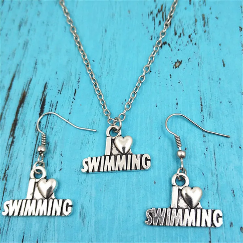 

I Love Swimming Vintage Earring Necklace Sets Jewelry Set Antique,Fashion Women Christmas Birthday Girl Gifts