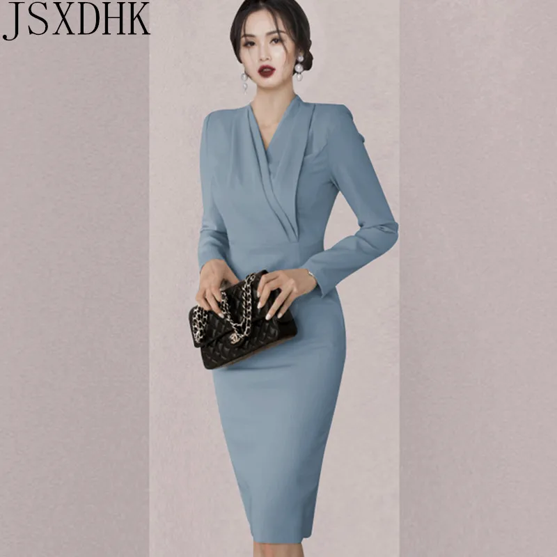 

JSXDHK 2021 Spring New OL Temperament Slim Long Sleeve Bodycon Pencil Dress V-neck Ruffles Deco Elegant OL Work Dress