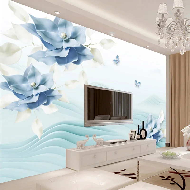 

Drop Shipping Custom Photo Wall Paper 3D Blue Flower Modern TV Background Wall Painting Floral Non-woven Mural Wallpaper