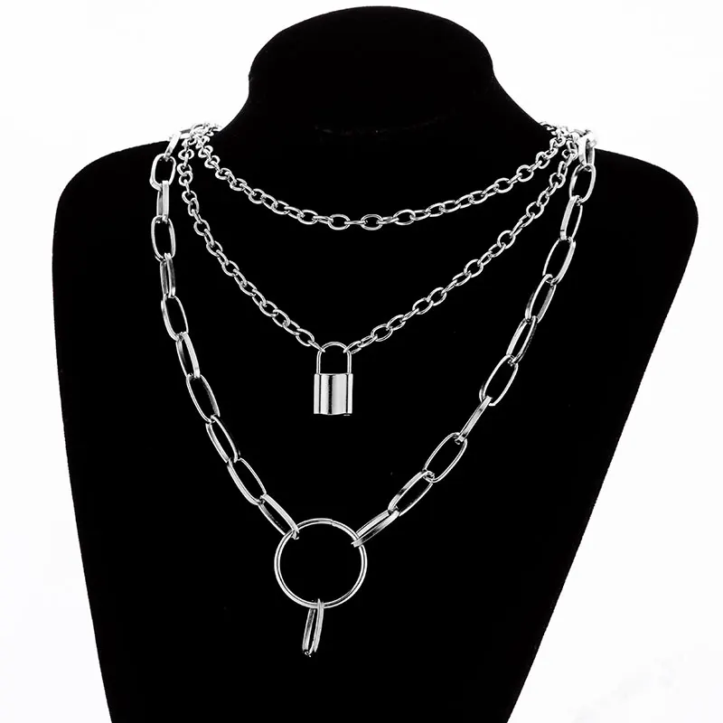 Lock Round Silver Женское многослойное ожерелье KMVEXO, серебряные цепи с крестиком - Окраска металла: Lock Round Silver