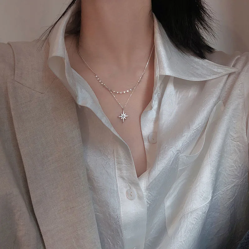 

S925 sterling Silver Star Moon Double Necklace Women Clavicle Chain Shiny Diamond Fine Jewelry Accessories