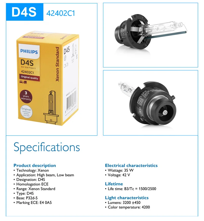 1X Philips HID D1S D2S D2R D3S D4S D5S 35 Вт ксеноновый стандарт 4200K оригинальная автомобильная