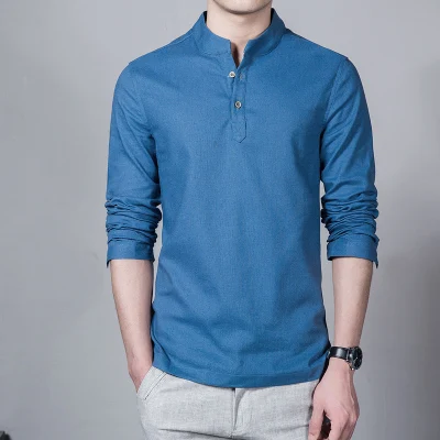 Denim Blue Мужская одежда, мужские весенние топы и футболки, мужская модная футболка с воротником-стойкой и длинным рукавом, тонкая Базовая рубашка, Мужская льняная футболка - Цвет: Denim Blue