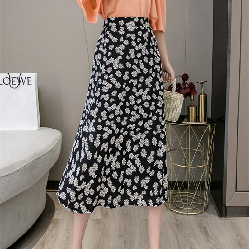 

LUKAXSIKAX 2021 New Spring Summer Women Elastic High Waist Slim Long Skirt Korean Fashion Sweet Chiffon Floral Skirt