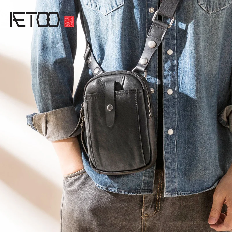 

AETOO Leather trendy shoulder bag, men's trendy messenger bag, first layer cowhide men's waist bag