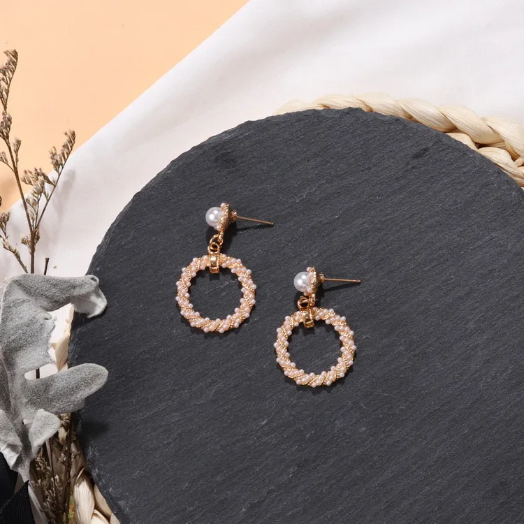 Корейские модные геометрические круглые серьги золотые висячие с искусственным