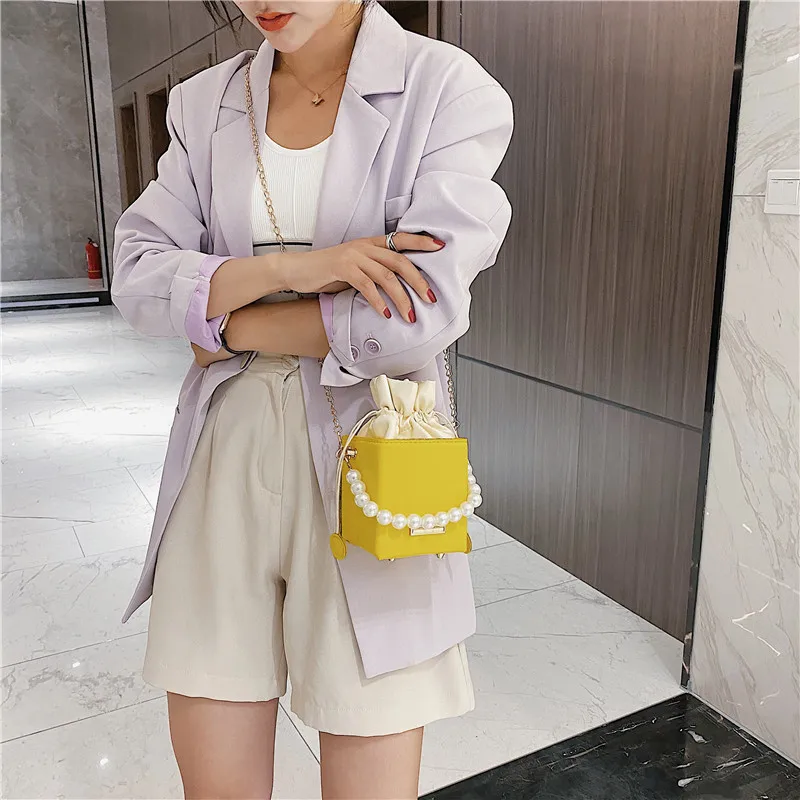 

Solid color Pearl Tote Box bag 2020 Fashion New High-quality PU Leather Women's Designer Handbag Chain Shoulder Messenger Bag