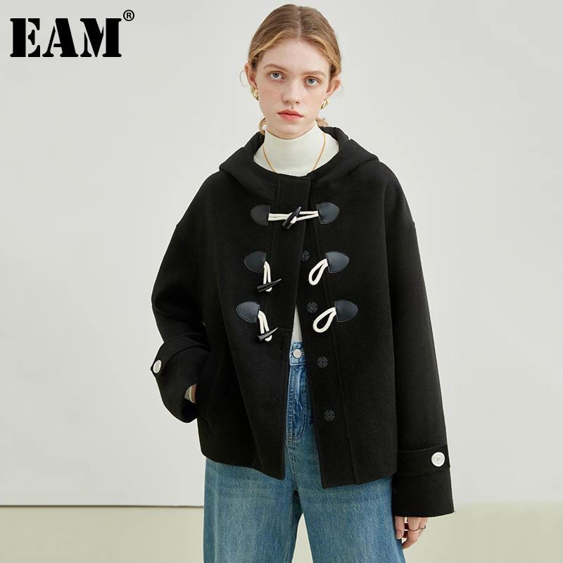 

[EAM] Loose Fit Horn Buckle Big Size Warm Woolen Coat Parkas New Long Sleeve Women Fashion Tide Autumn Winter 2021 1DE34490