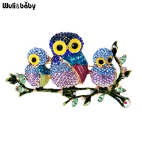 wulibaby rhinestone family owls brooches for women fashion stand branch bird party office brooch pin gifts