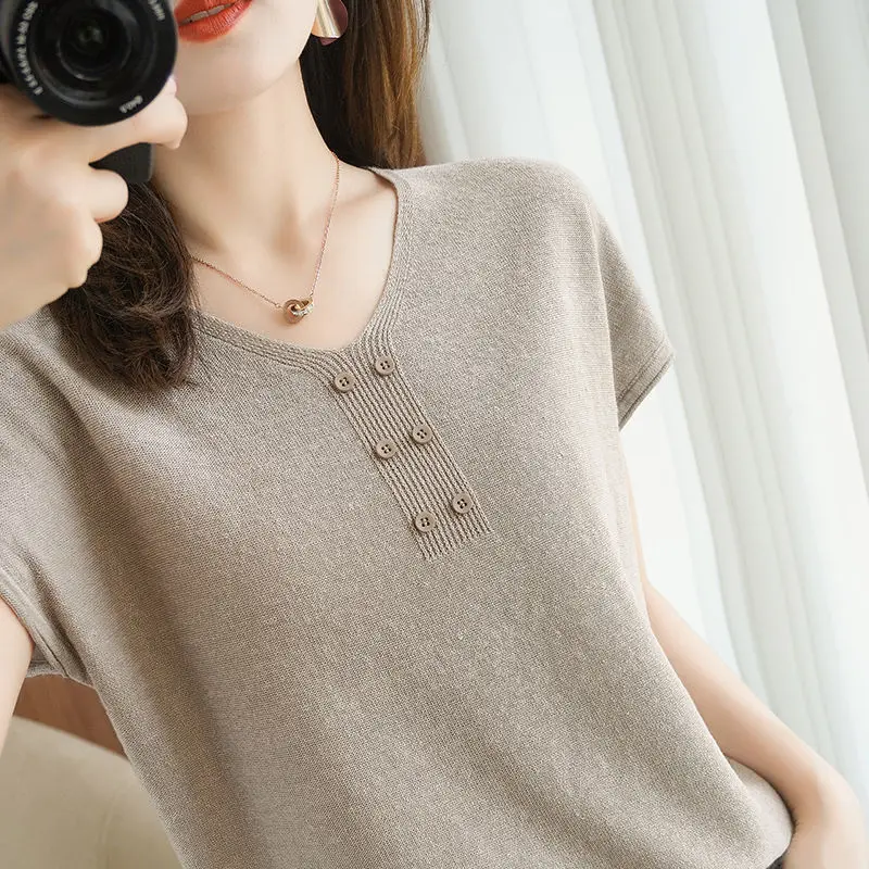 

Women Short Sleeves T-shirt Ice Silk Knitted Tops Casual Loose V Neck Tee Tops Solid T-shirt