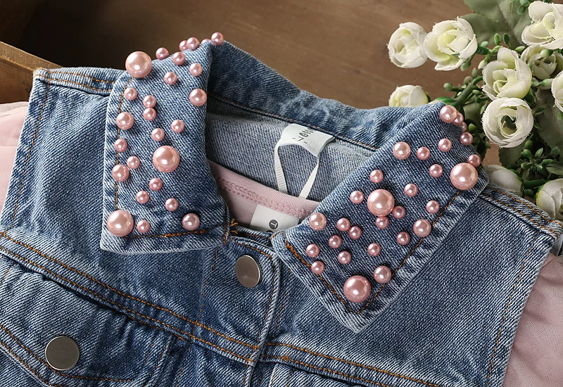 New Girls Dresses 2pcs Sets Kids Autumn Clothes Pearl Denim Vest Long Sleeve Lace Princess Dress Bow Pink Children Outfits Size