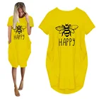 Женское повседневное свободное платье, с карманами, круглым вырезом, коротким рукавом, принтом пчел, длинное уличное платье, лето размера плюс, 2021