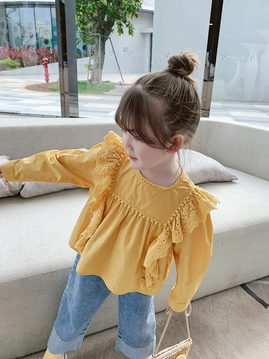 

Shirts Tees Tops Full Sleeve O-neck Collar Pullover Solid Regular Cotton New Fashion Casual Simple Cute Spring Autumn Girls Kids