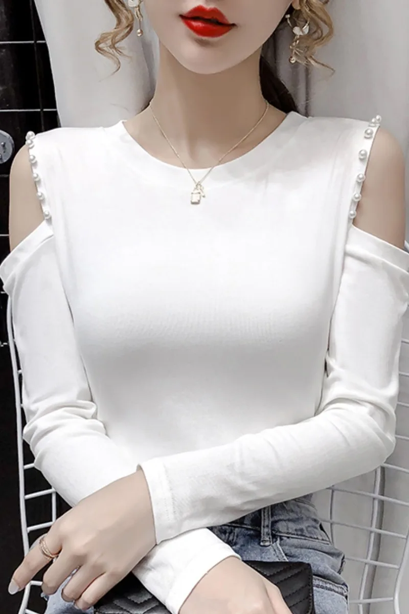 

Korean Version of The Personality Off-shoulder Beaded Top Spring New Slim and Thin All-match Women's Round Neck Pullover T-shirt