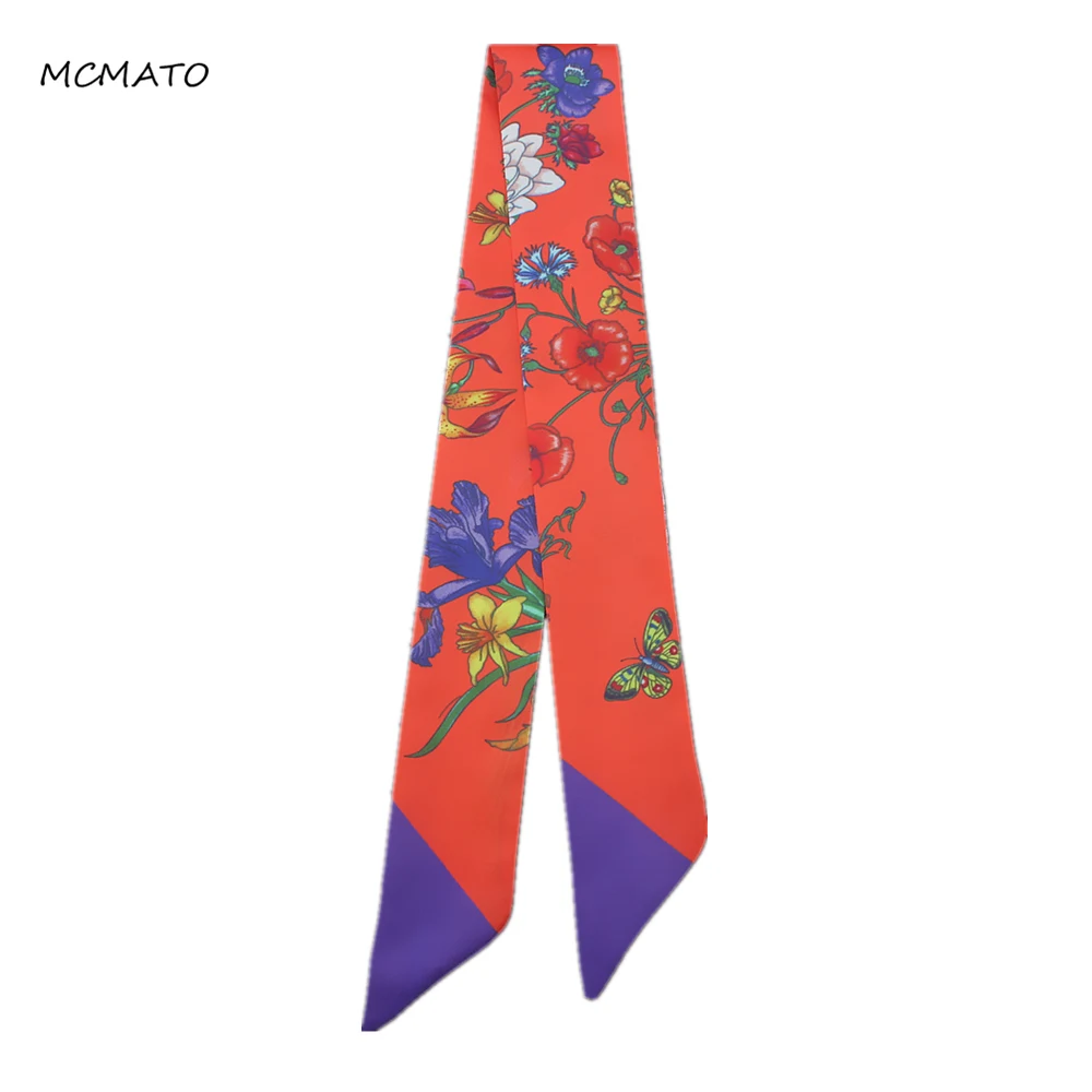 Новинка 2020 Узкий Шелковый шарф с цветочным принтом и бабочками для женщин