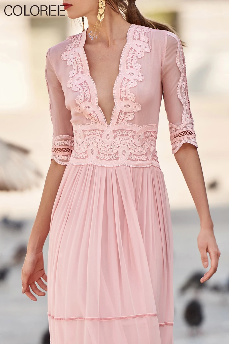 

Summer High Quality Runway Designers Dress 2020 Women Sexy V-neck Pink Hollow Out Lace Embroidery Long Dresses for Women