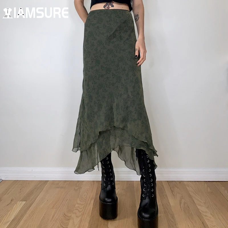 

IAMSURE Floral Maxi Chiffon Skirt Vintage Slim High Waisted Ankle-Length Long Skirts Women Grunge Fairycore Streetwear Fashion