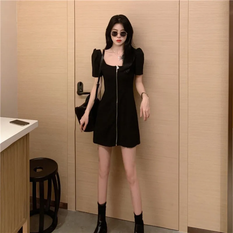 Dress 2020 new summer waist slimming square collar French front zipper sexy black dress short sleeve dresses for women | Женская одежда
