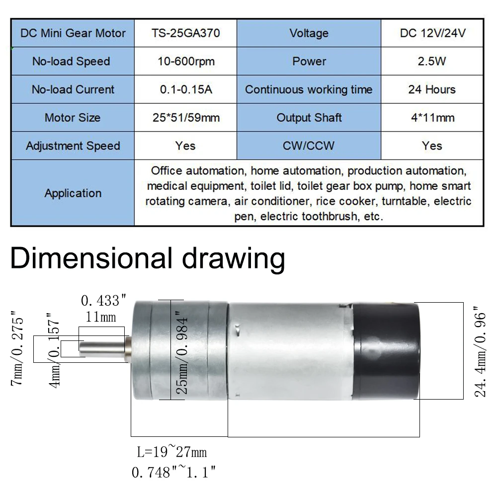 

25GA370H DC 12V 24V Gear Motor with Dual Channel Encoder for DIY 10 15 25 35 60 80 130 150 300 600rpm DC Encoder Gear Motor
