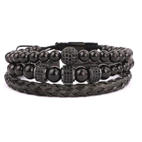 3pcset luxury cz pave ball tube black stainless steel beads macrame men bracelet bangle set