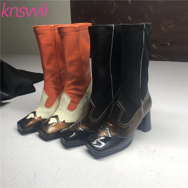 Новейшая модель короткие эластичные сапоги на высоком массивном каблуке женские