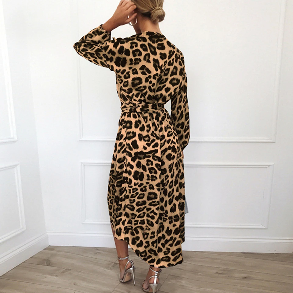 Leopard Print Dress For Women V Neck Long Sleeve Sukienka Cross Front Midi Irregular Hem Sexy Party Night Club 2021 | Женская одежда