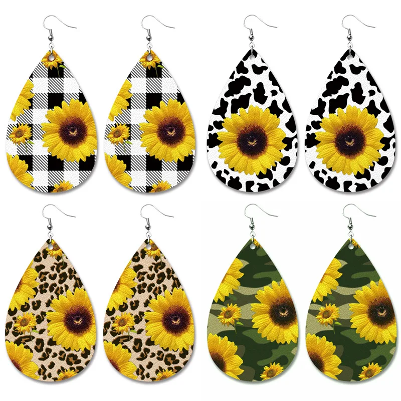 

ZWOPN 2022 Spring Summer Style Bright Light Yellow Floral Sunflower Daisy Print Teardrop Leather Dangle Drop Earrings for Women