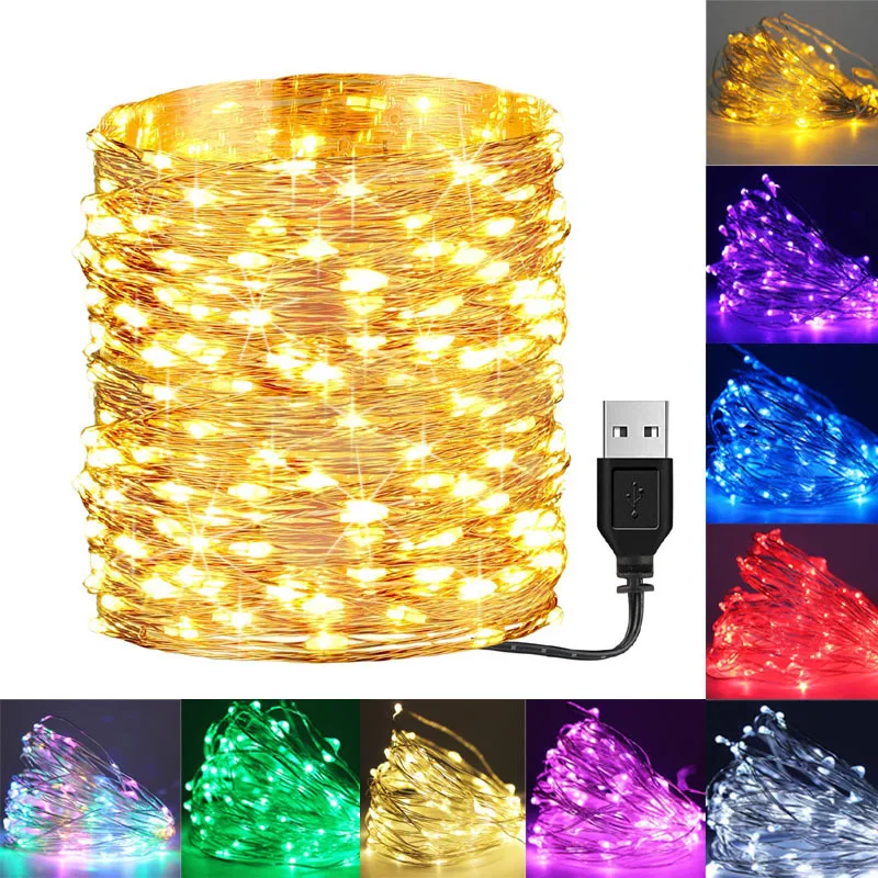 Waterproof USB LED String Lights 5M 10M Copper Silver Wire Fairy Garland Light Lamp for Christmas Wedding Party Holiday Lighting