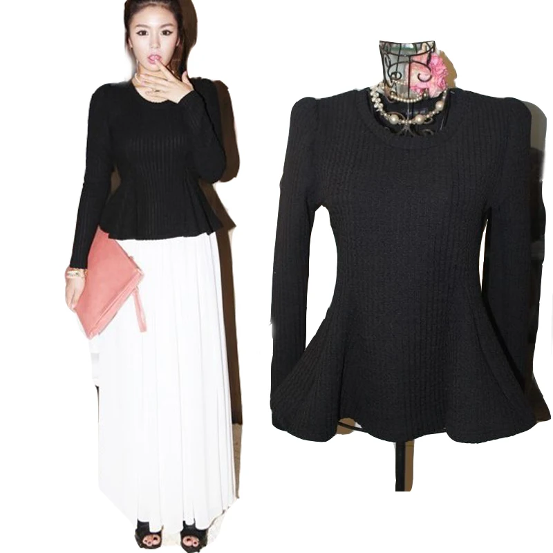 Топ с баской и круглым вырезом пышными рукавами | Женская одежда