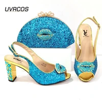 2021 italian design new arrival nigerian fashion ladies shoes and bag set with sky bule color decoration for party wedding