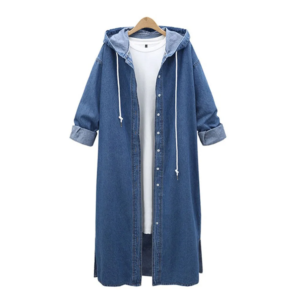 Женское джинсовое пальто с открытым капюшоном однобортное длинное осенняя