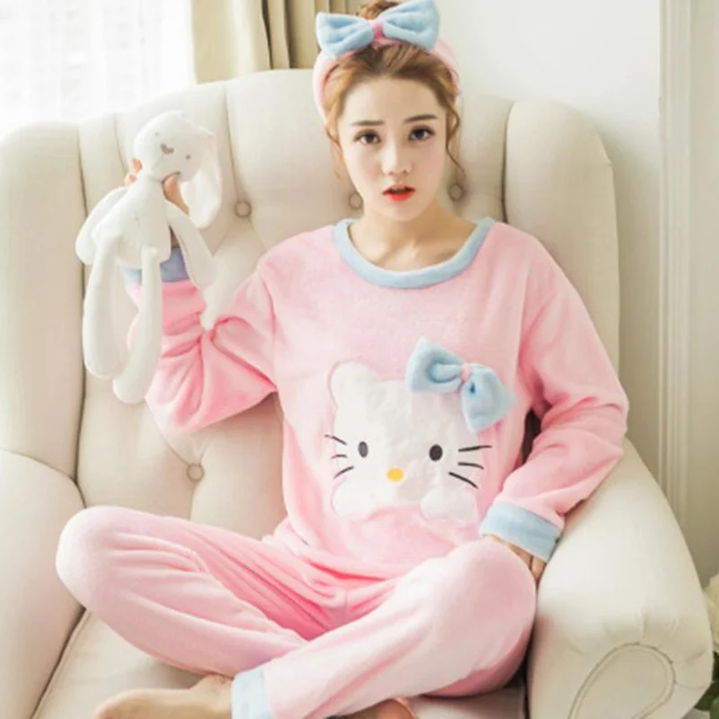 pink Пижамный комплект из 2 предметов, пижама, домашний костюм для женщин, теплая пижама с длинным рукавом и изображением кота, зимний бархатный пижамный комплект с принтом животных - Цвет: pink