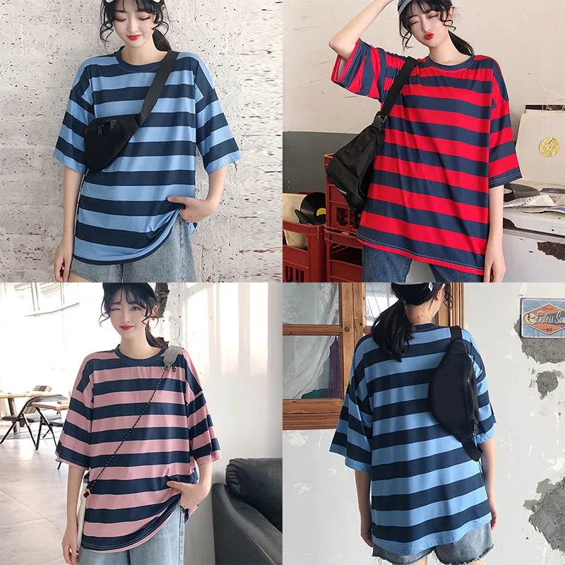 

2020 Summer New Tshirts For Ladies Casual Loose Casual Crew Neck Short Sleeve Tops Women Striped T Shirt