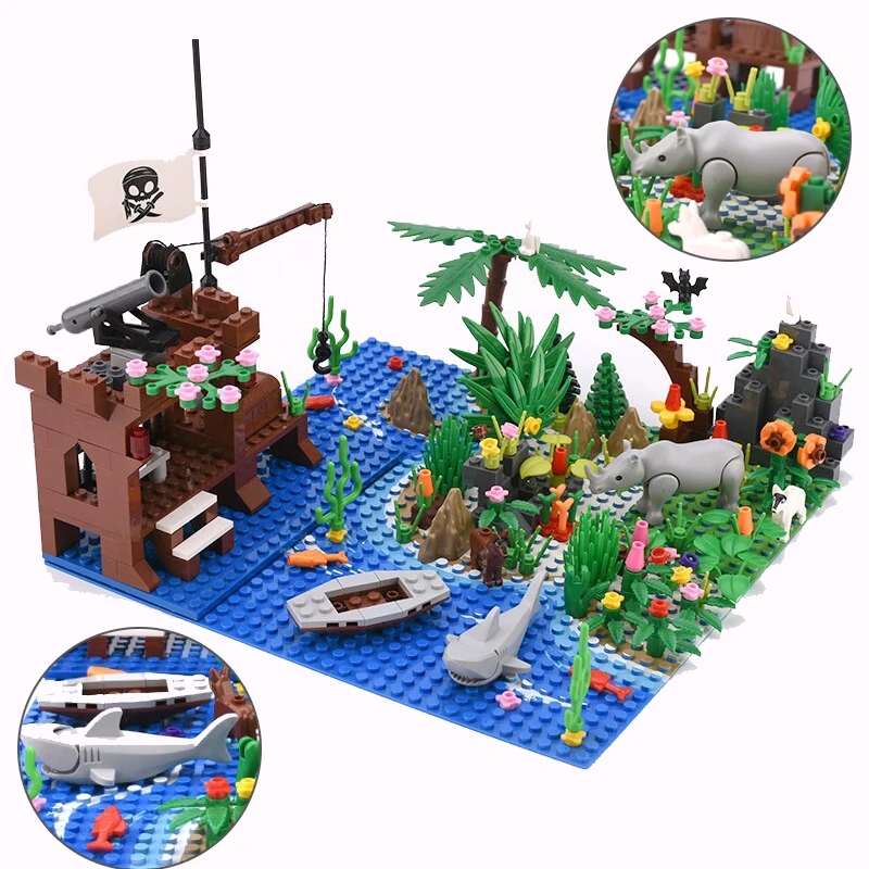 

MOC City Ocean Baseplate Island Forest Set Animal Shark Pirate Plant Tree Ships Building Blocks Model Bricks Kits DIY Kids Toys