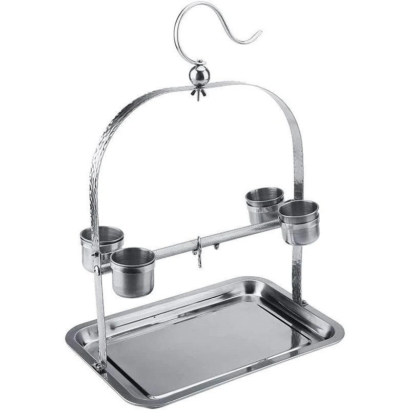 

Bird Perch Parrot Cage Bite Stand Stainless Steel Birds Stand Rack Toys Paw Grinding Hanging Shelf with 4 Feeder Cup Small Birds