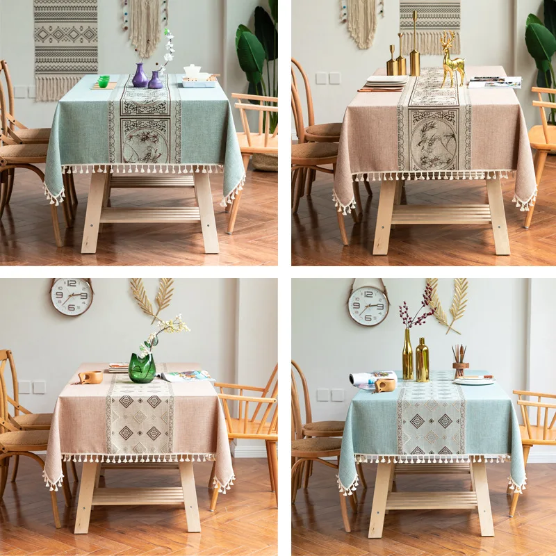 

Embroider Tassel Tablecloth Linen Cotton Rectangle Coffee Tea Table Runner Cloth Dressing Table Cover