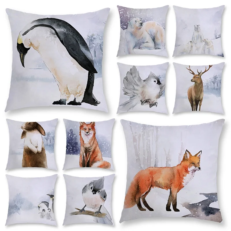 

1PC Cute Cartoon Cute Snow Animal Christmas Series Print Printed Linen Home Decor Pillowcase Car Sofa Cushion Cover Pillow Case