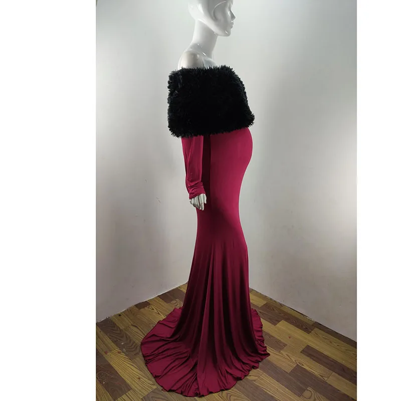 

Long Sleeve Maternity Dress Off Shoulder Pregnancy deesses Faux fur Shawl Winter Pregnant Women Long Maxi Dress Photography Dres