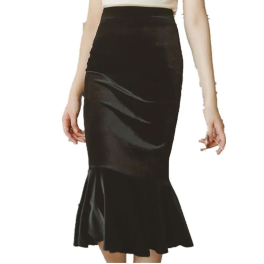 

Autumn winter vintage velvet trumpet skirt women high waist package hio knee length ol mermaid skirt
